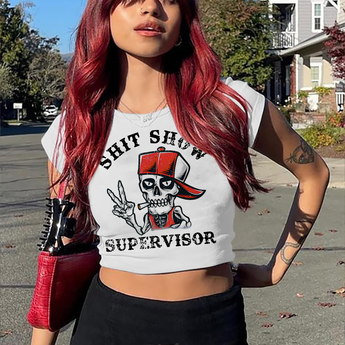 SHIT SHOW SUPERVISOR Skeleton Print Women's Cropped T-shirt