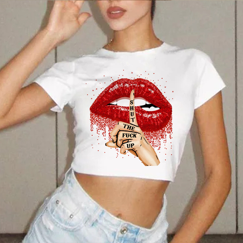 SHUT THE FUCK UP Red Lips Keep Silent Print Women's Cropped T-shirt
