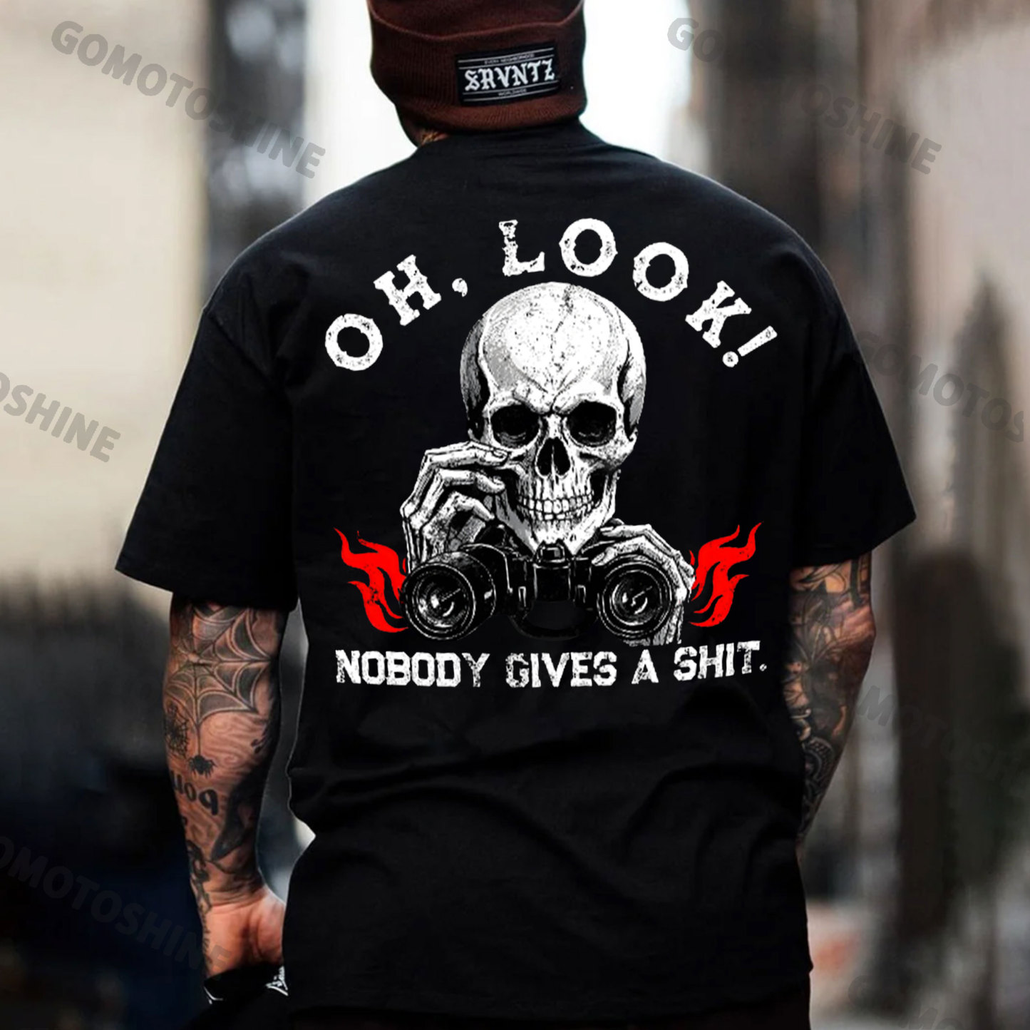 OH LOOK NOBODY GIVES A SHIT Skeleton With Telescope Print Men's T-Shirt