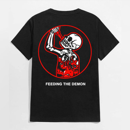 FEEDING THE DEMON Skull Drinking Black Print T-Shirt