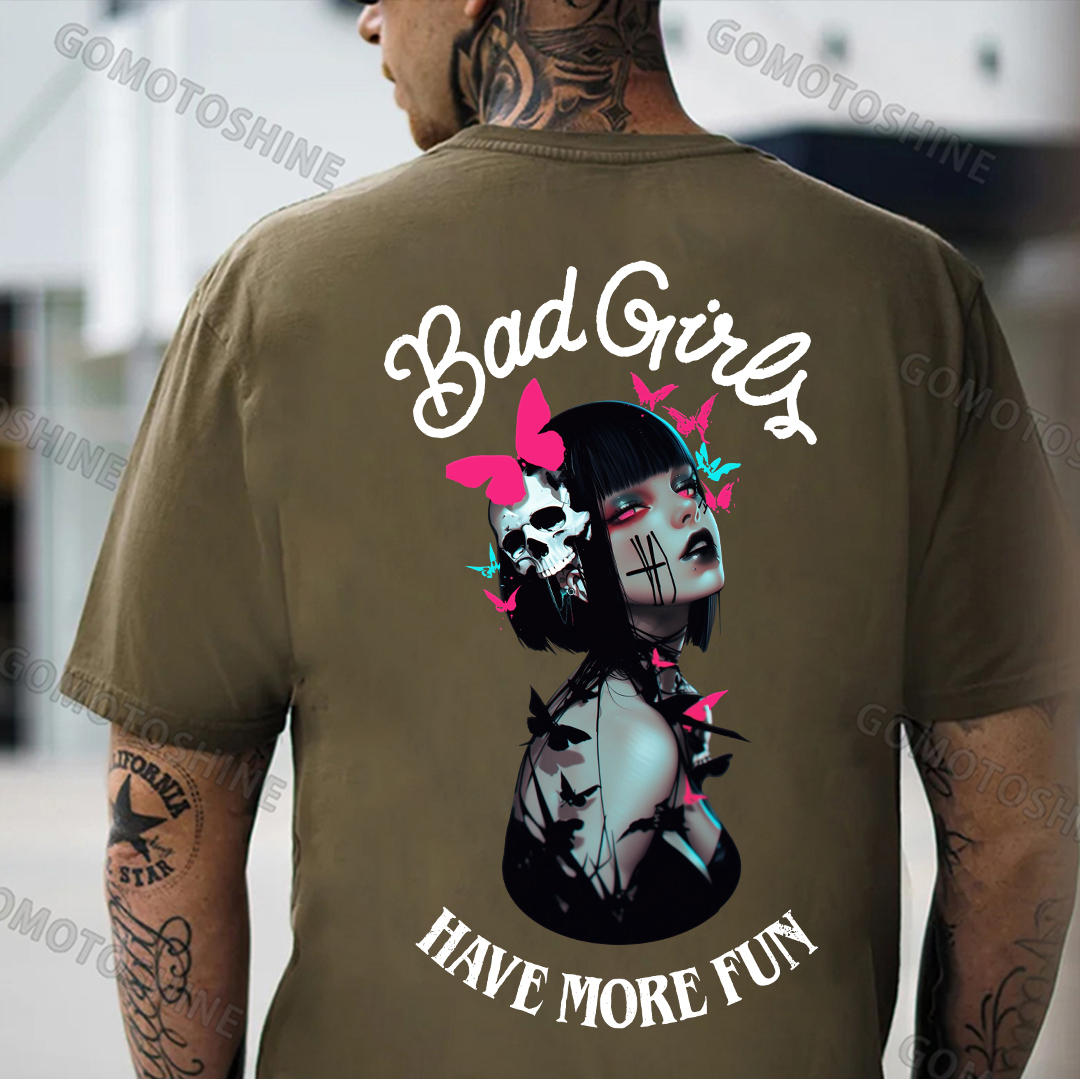 BAD GIRLS HAVE MORE FUN Butterfly Tattoo Girl Print Men's T-Shirt