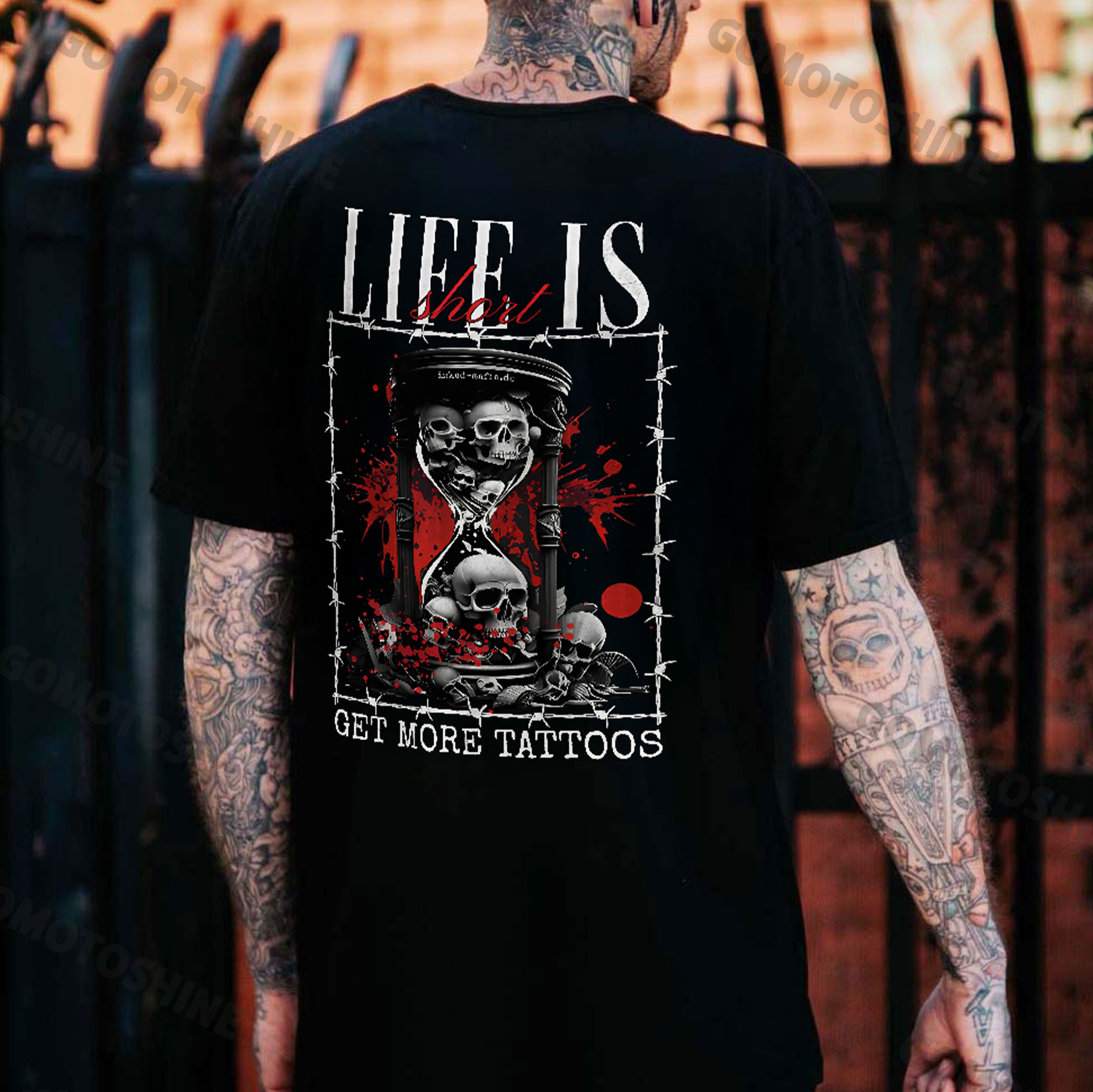 LIFE IS GET MORE TATTOOS Skull Hourglass Print Men's T-Shirt
