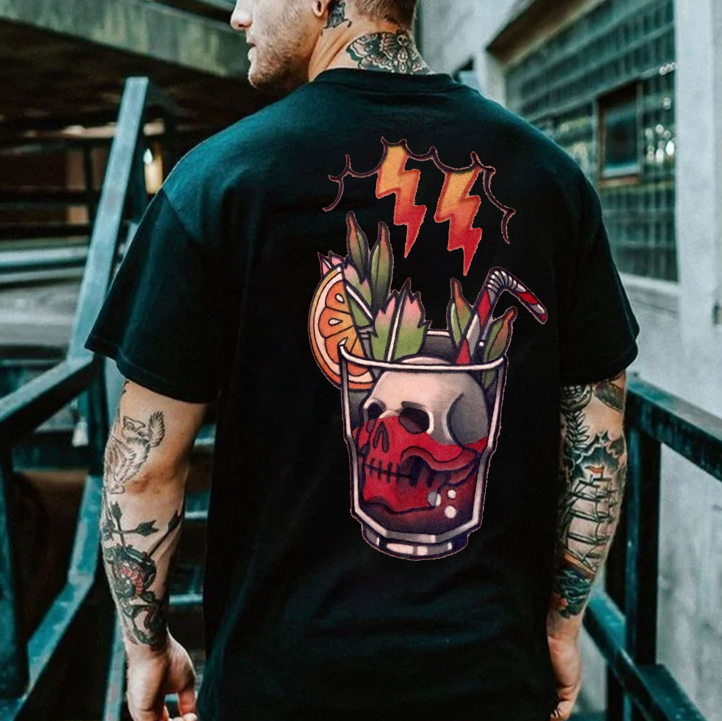 Skull in the Water Cup Black Print T-Shirt