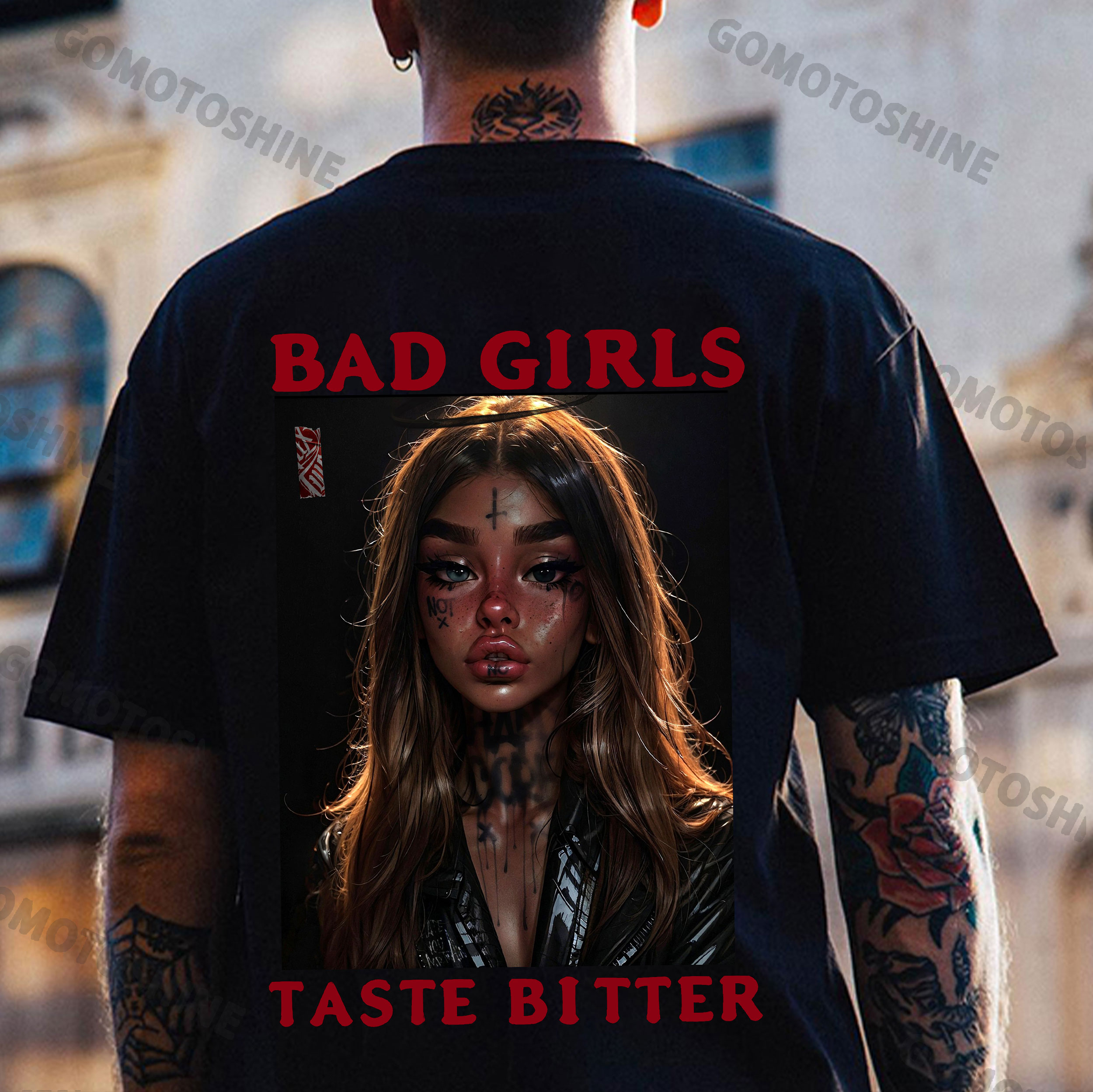 BAD GIRLS TASTE BITTER Sexy Crucifix Tattoo Girl Print Men's T-Shirt