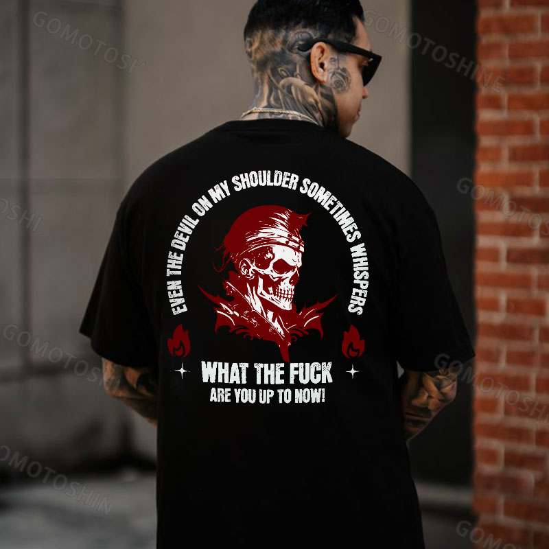 EVEN THE DEVIL ON MY SHOULDER SOMETIMES WHISPERS Skeleton Print Men's T-Shirt