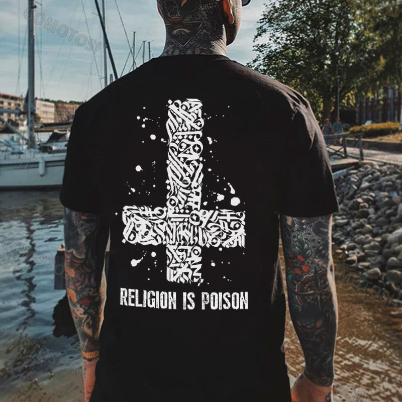 RELIGION IS POISON Runes Crucifix Print Men's T-Shirt