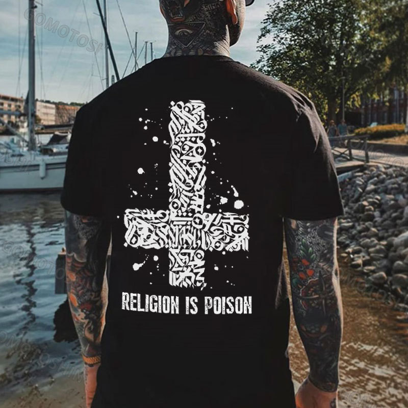 RELIGION IS POISON Runes Crucifix Print Men's T-Shirt