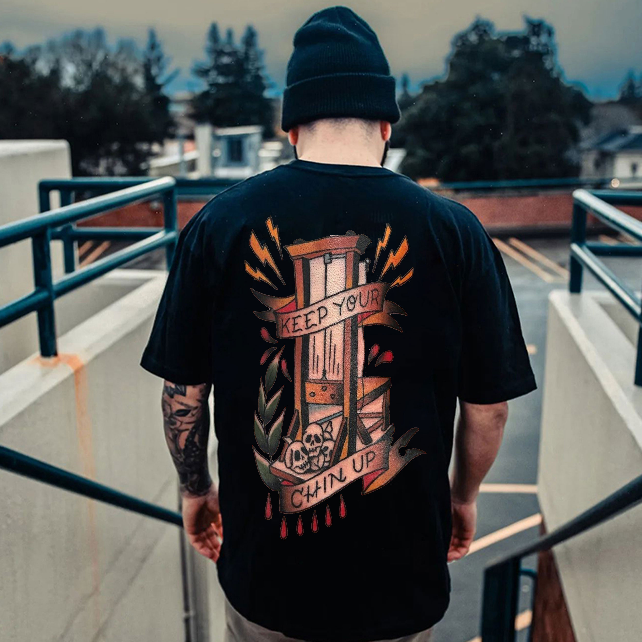 KEEP YOUR CHIN UP Skull in the Building Black Print T-Shirt