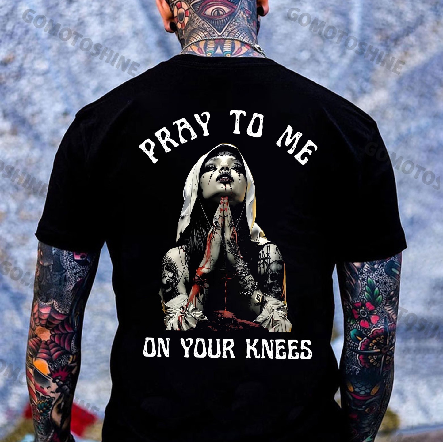 PRAY TO ME ON YOUR KNEES Bleeding Nun Print Men's T-Shirt
