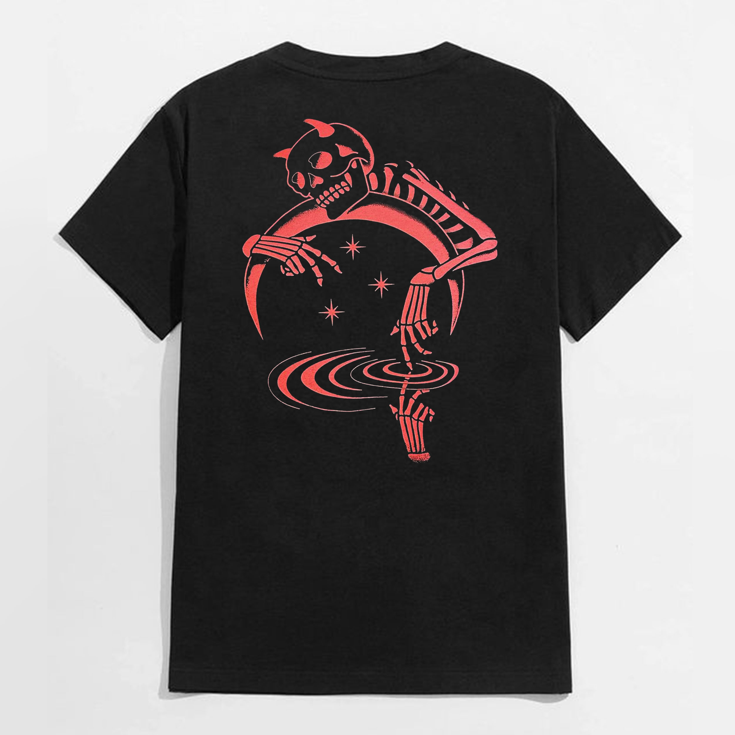 Devil Skull with Crescent Moon Black Print T-Shirt