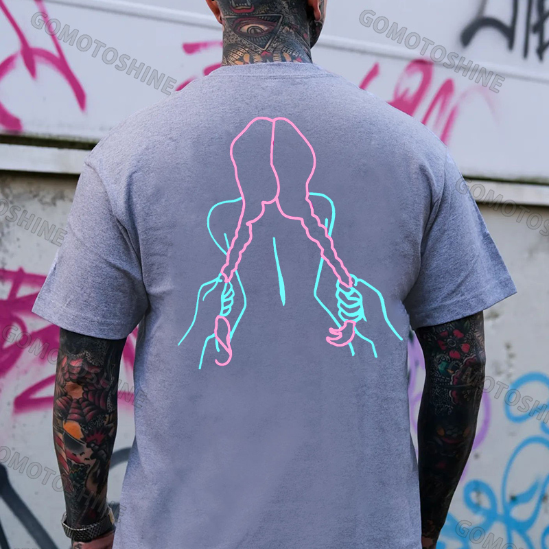 A Girl with a Long Braid Linear Black Print T-shirt