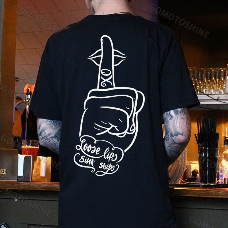 LOOSE LIPS SINK SHIPS Keep Silent Gesture Print Men's T-Shirt