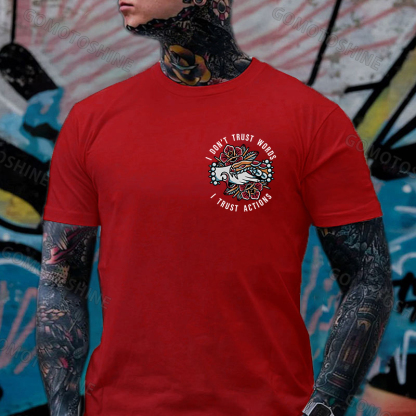 I DON’T TRUST WORLDS, I TRUST ACTIONS Hands Grabing Flowers Black Print T-shirt