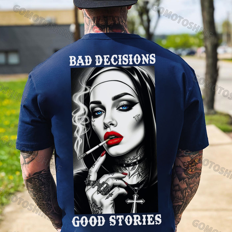 BAD DECISIONS GOOD STORIES Sexy Smoking Nun Print Men's T-Shirt