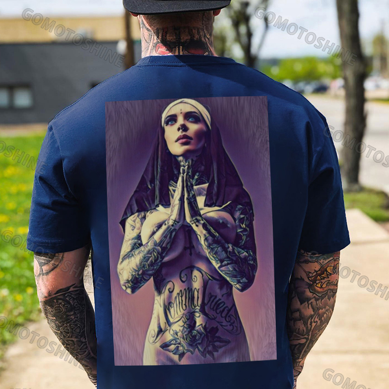 Pious Nun Praying with Tattoo Black Print T-shirt