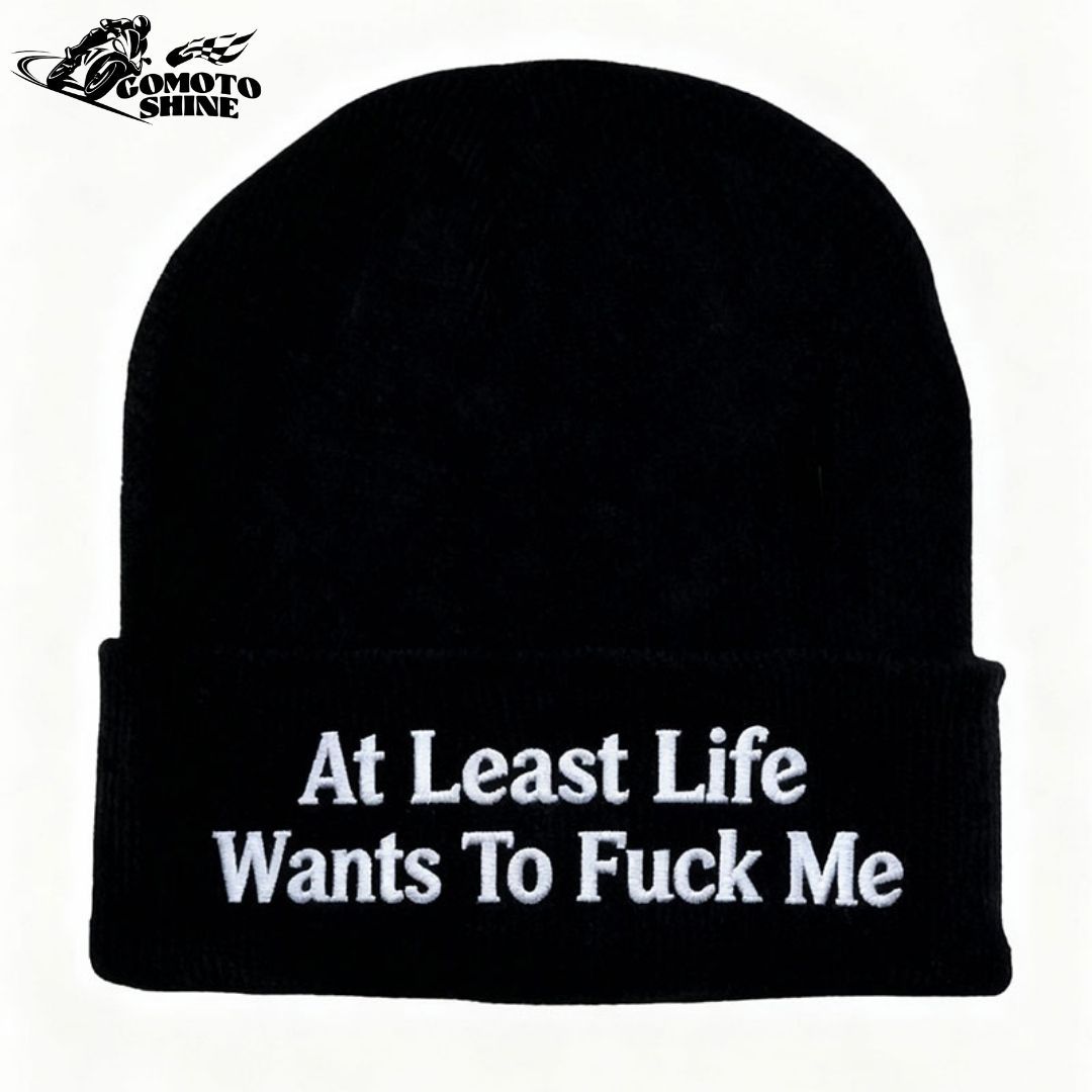 At Least Life Wants To Fuck Me Embroidery Knit Cuffed Beanie
