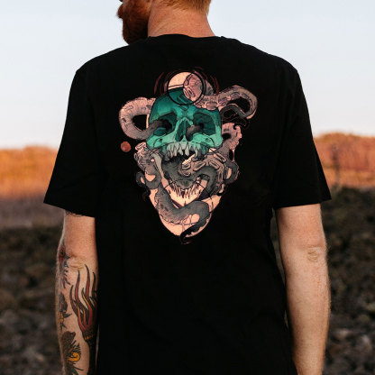Painful Skull with Fierce Snake Black Print T-Shirt