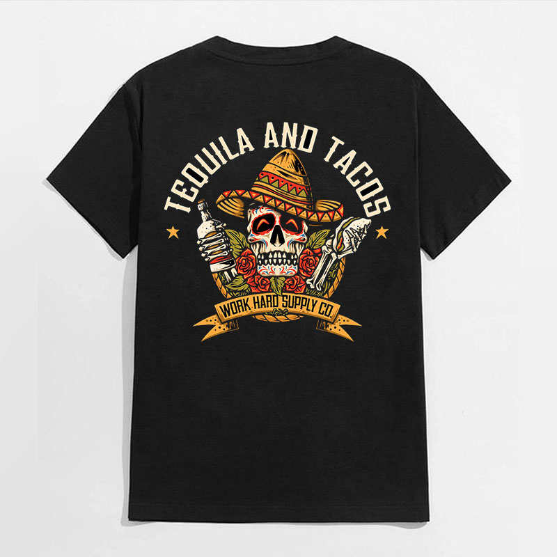 TEQUILA AND TACOS Skull and Roses Black Print T-Shirt