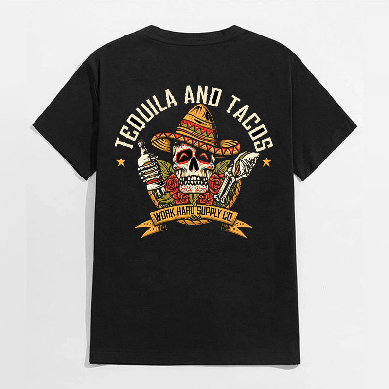 TEQUILA AND TACOS Skull and Roses Black Print T-Shirt