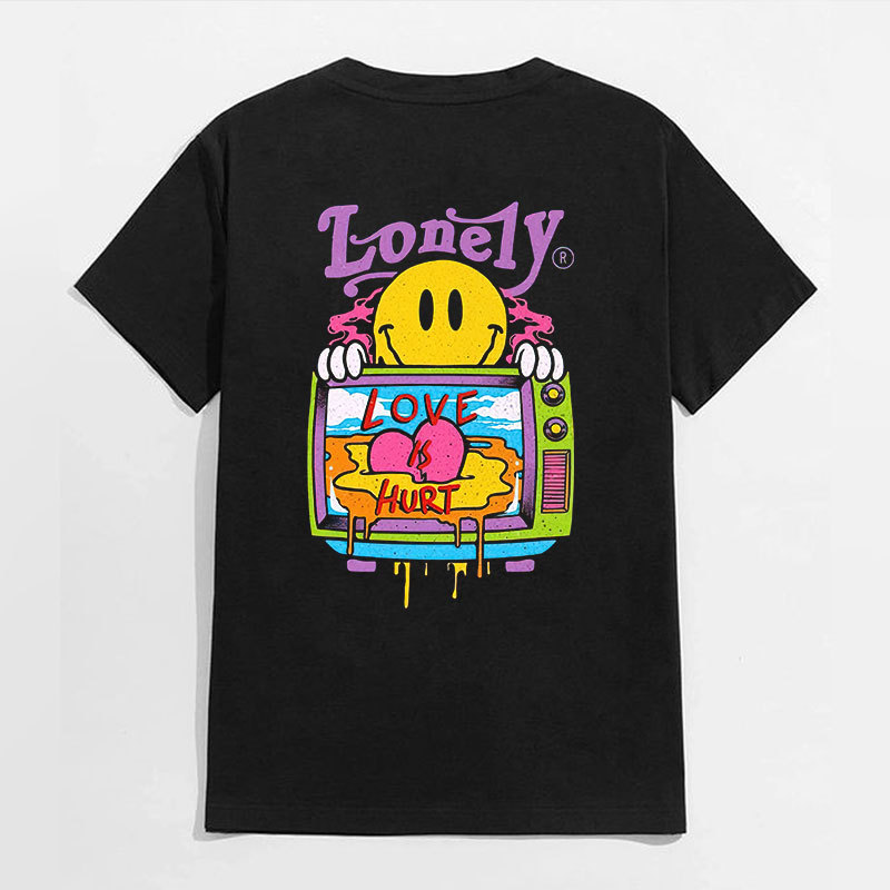 LONELY LOVE HURT Emoji and Landscape Black Print T-Shirt