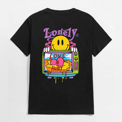 LONELY LOVE HURT Emoji and Landscape Black Print T-Shirt