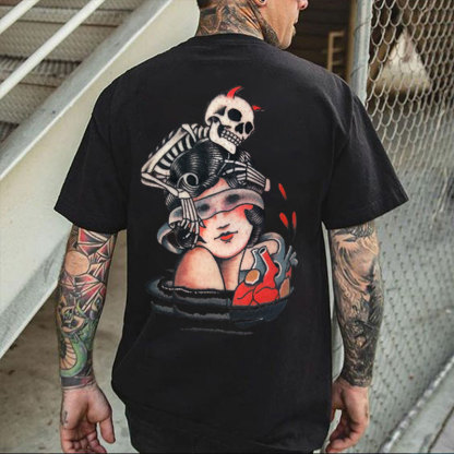 Skull with Blindfolded Lady Black Print T-Shirt