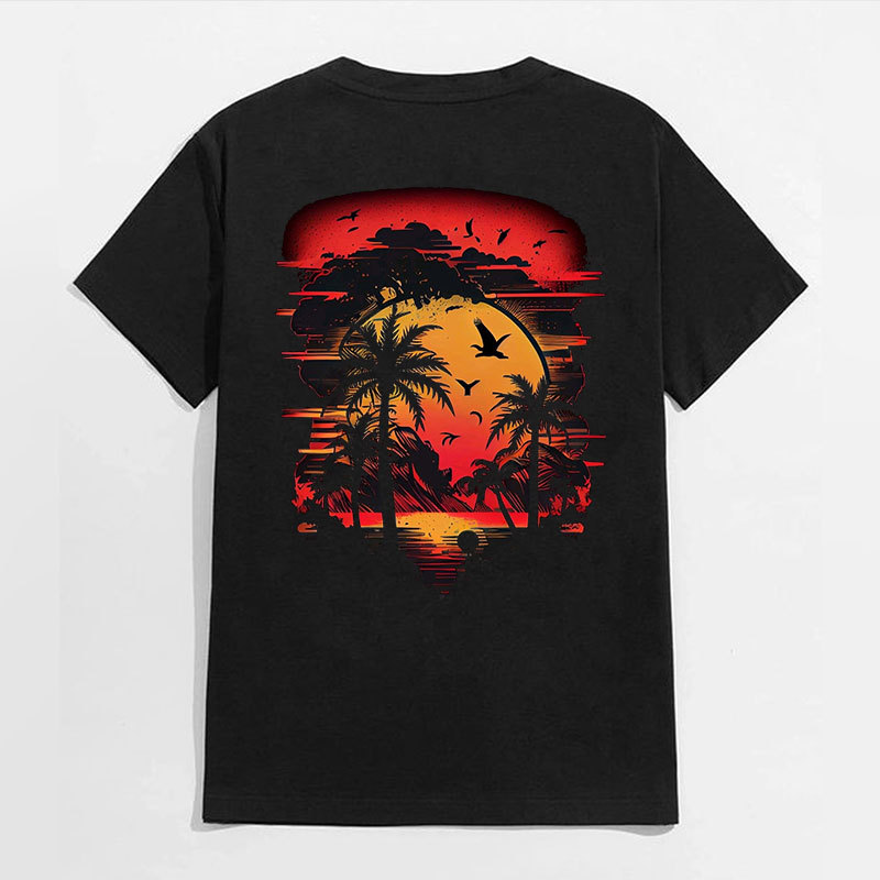 Seaside Sunset Beautiful Scenery Black Print T-Shirt