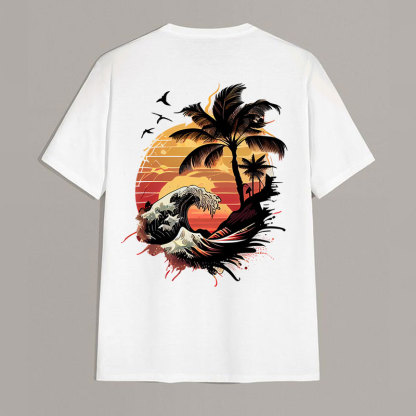 Seaside Sunset Tree and Flying Birds White Print T-Shirt