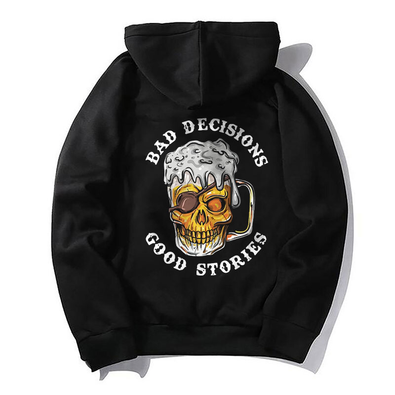 BAD DECISIONS GOOD STORIES Black Print Hoodie