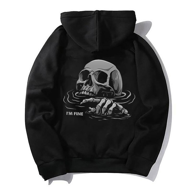 I'M FINE Drowning Skull Black Print Hoodie