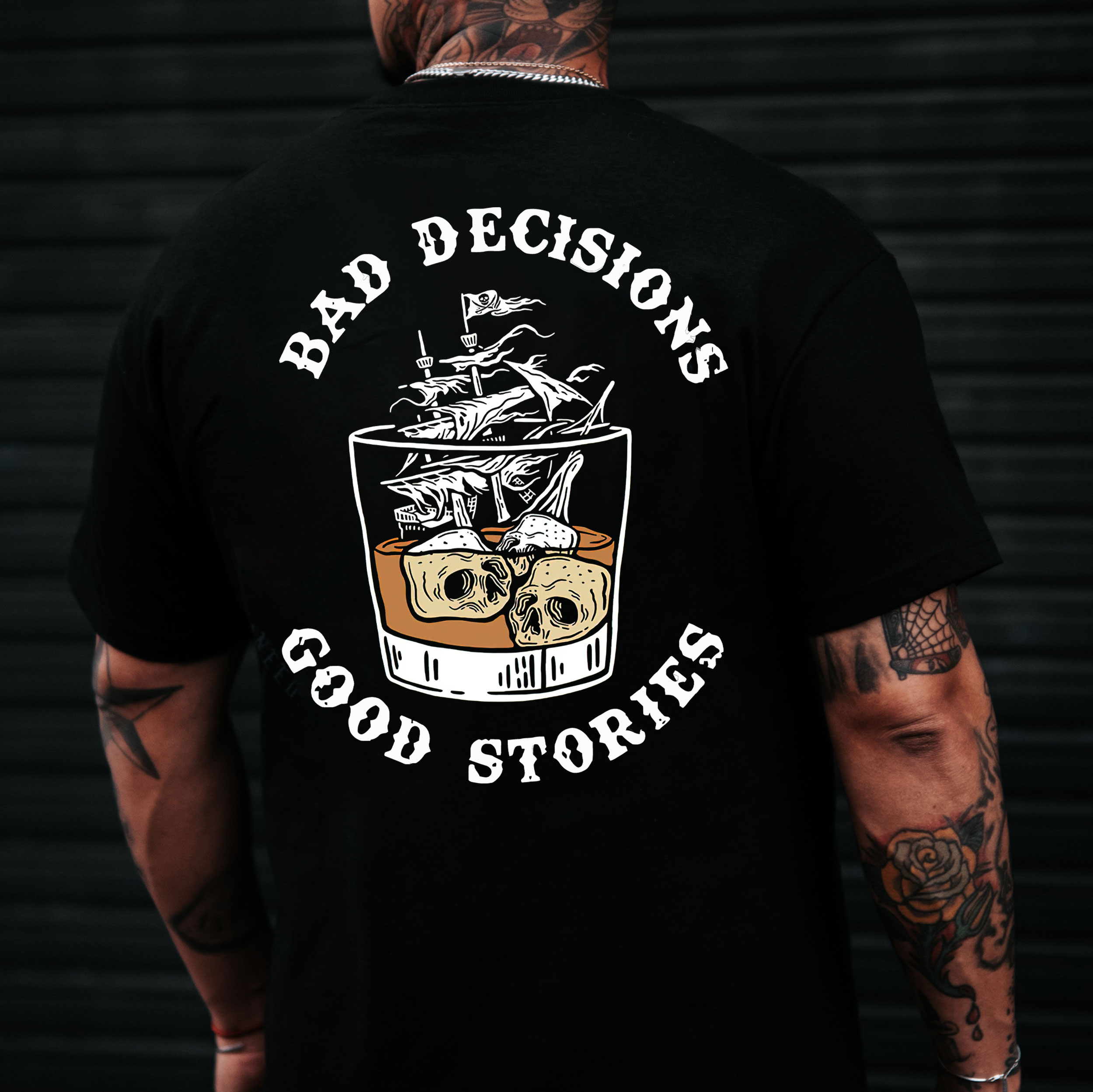 BAD DECISIONS GOOD STORIES Black Print T-Shirt