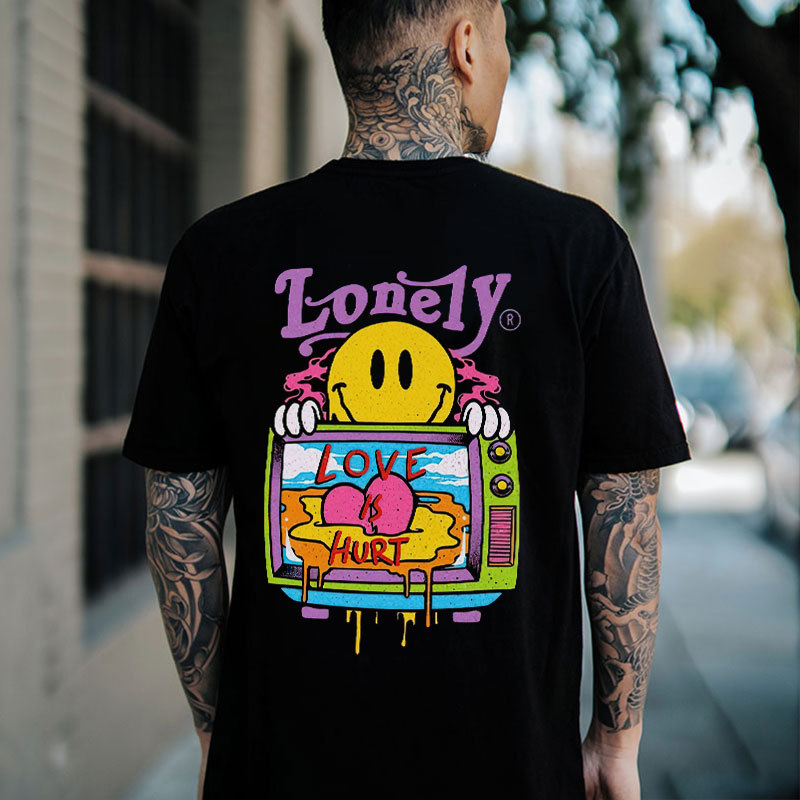 LONELY LOVE HURT Emoji and Landscape Black Print T-Shirt