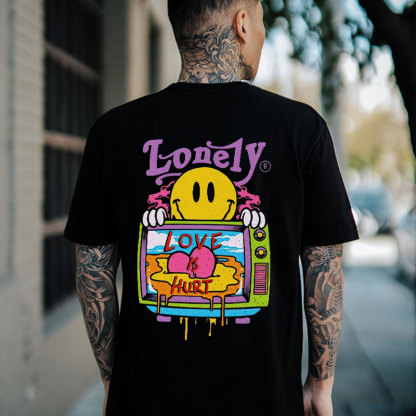 LONELY LOVE HURT Emoji and Landscape Black Print T-Shirt