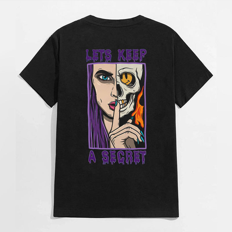 LETS KEEP A SECRET Skull and Lady Black Print T-Shirt