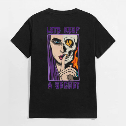 LETS KEEP A SECRET Skull and Lady Black Print T-Shirt