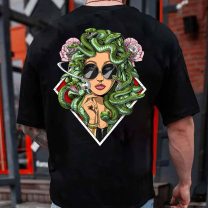 Lady Smoking with Fierce Snake Black Print T-Shirt