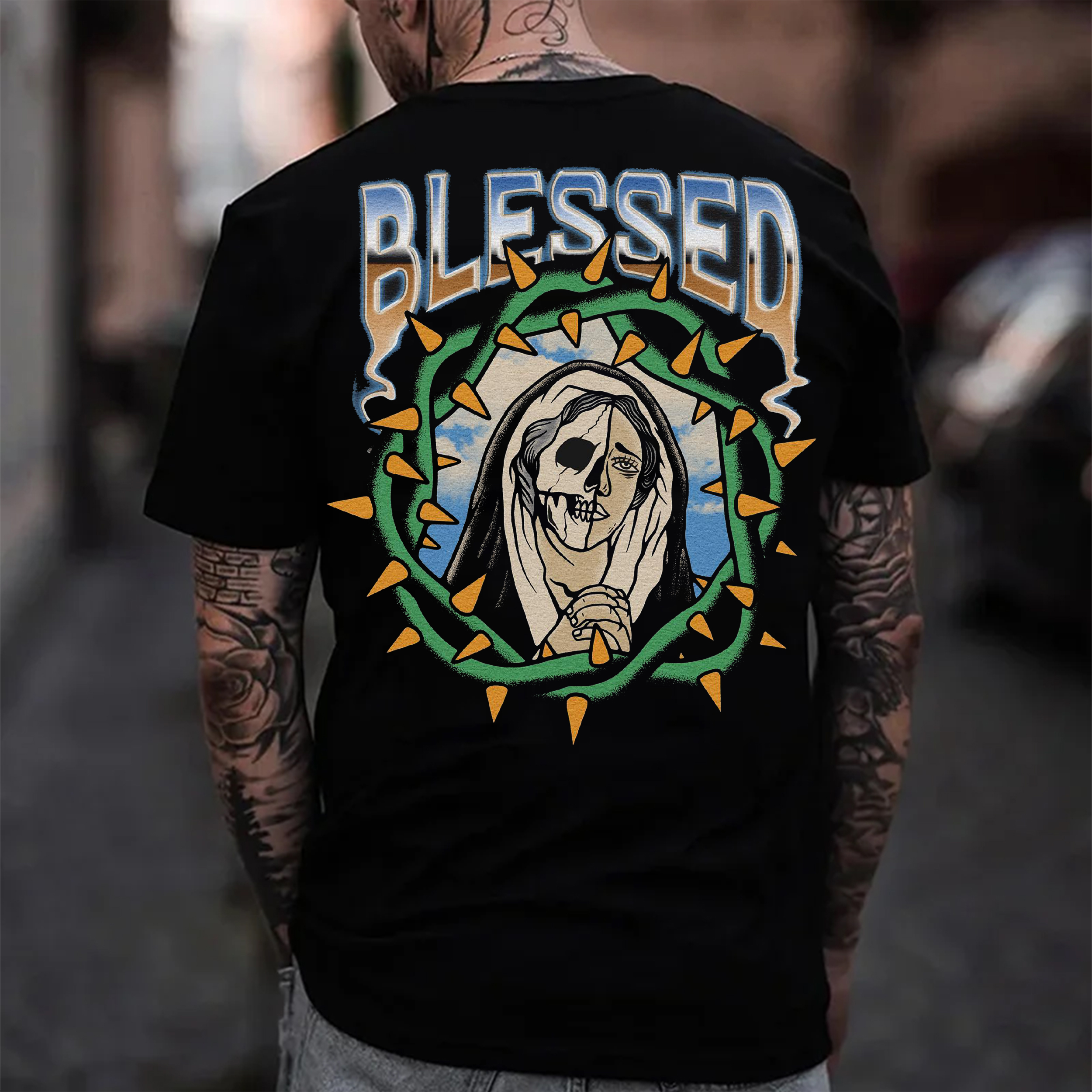 BLESSED Skull Nun Black Print T-Shirt