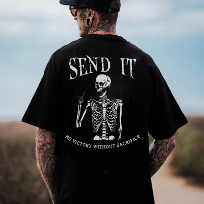 SEND IT NO VICTORY WITHOUT SACRIFICE Skeleton Black Print T-Shirt