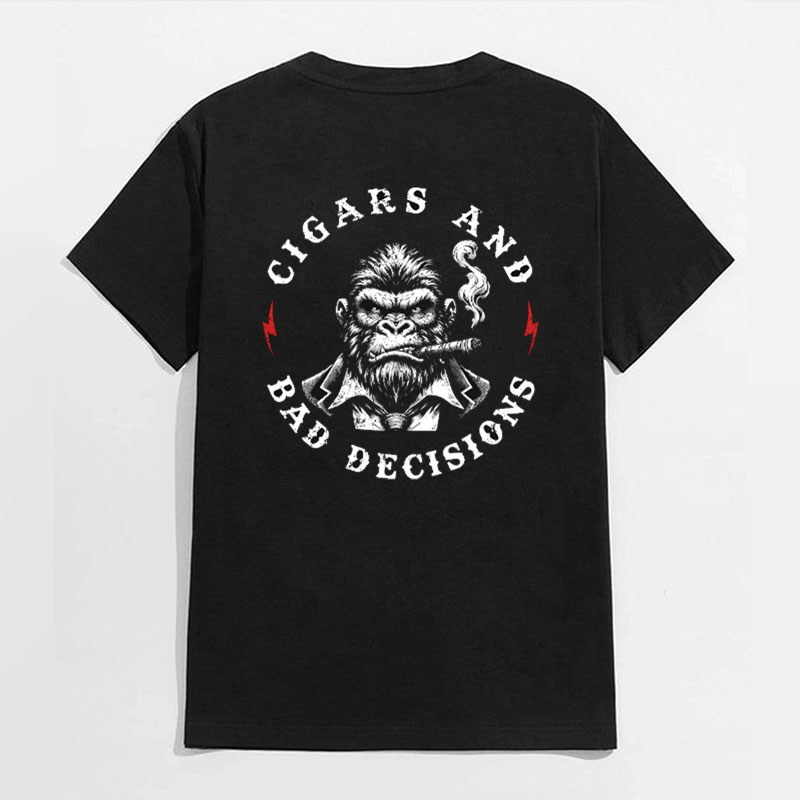 CIGARS AND BAD DECISIONS Chimpanzee Black Print T-Shirt