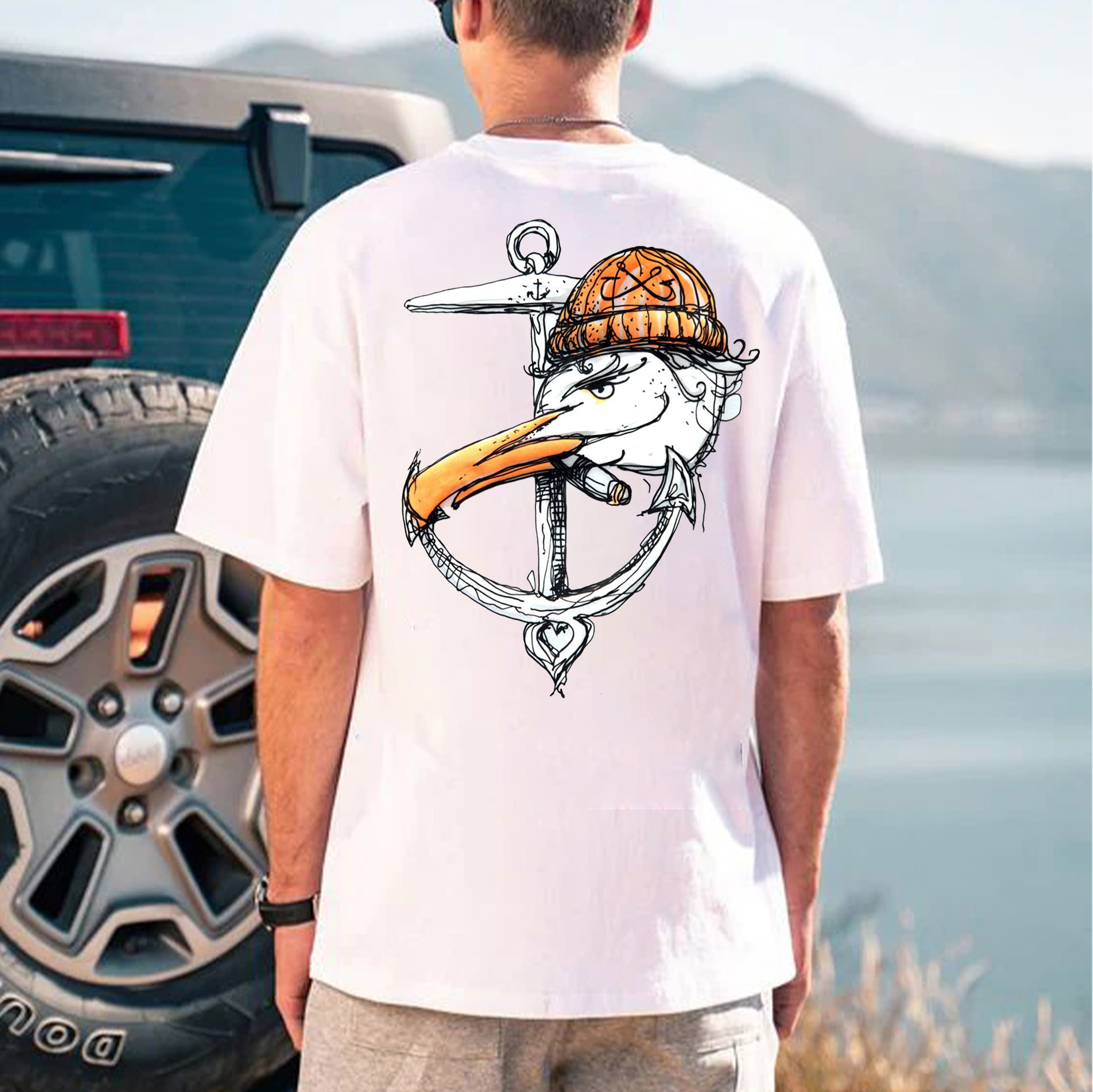 Eagle with Pumpkin Hat and Arrow White Print T-shirt