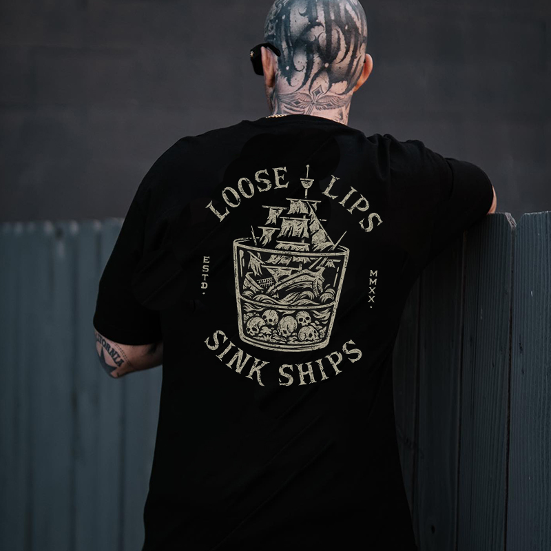 LOOSE LIPS SINK SHIPS Skull Black Print T-shirt