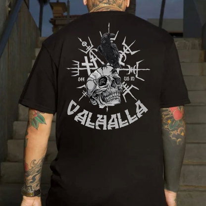 VALHALLA Crow Skull Black Print T-Shirt