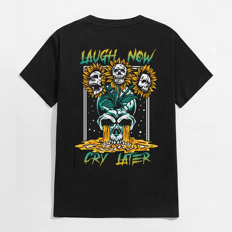 LAUGH NOW CRY LATER Sunflower Skull Black Print T-shirt
