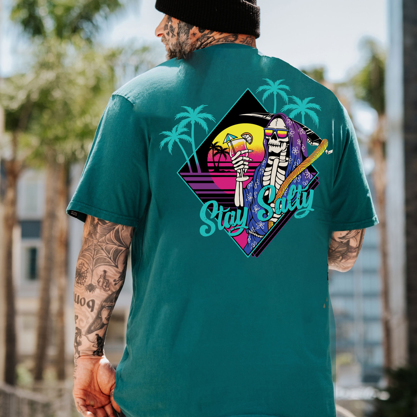 STAY SALTY Tropical Skeleton Black Print T-shirt