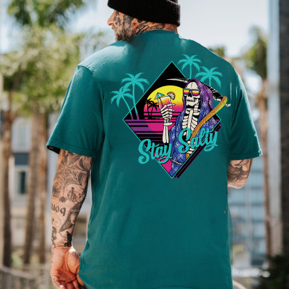 STAY SALTY Tropical Skeleton Black Print T-shirt