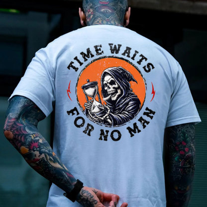 TIME WAITS FOR NO MAN Skeleton Black Print T-shirt