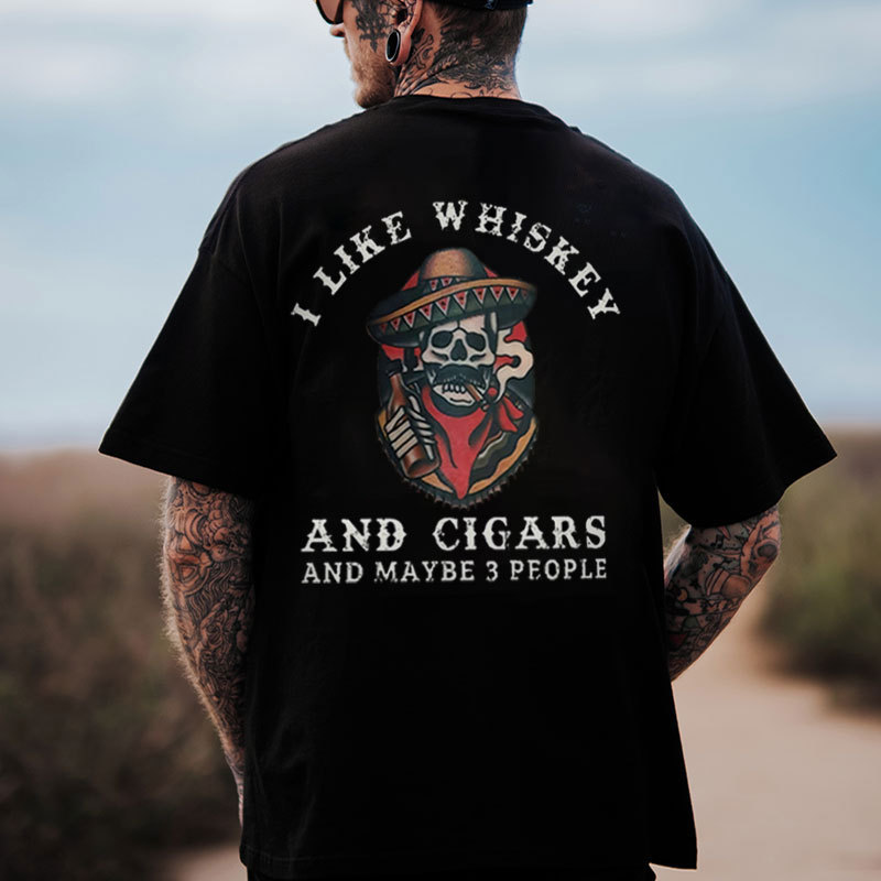 I LIKE WHISKEY AND CIGARS Skeleton Black Print T-shirt