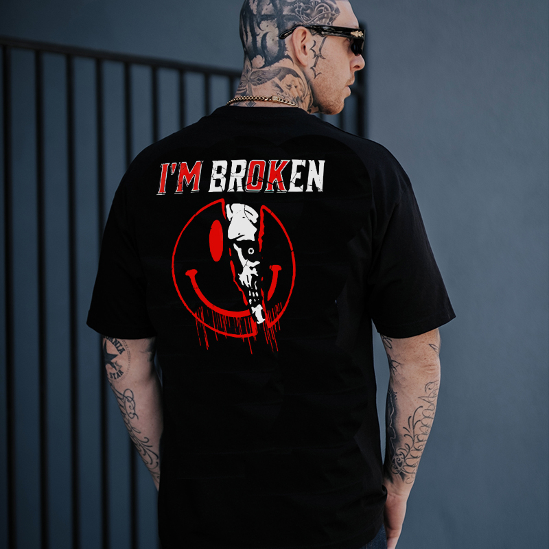 I'M BROKEN Emoji Skull Black Print T-shirt