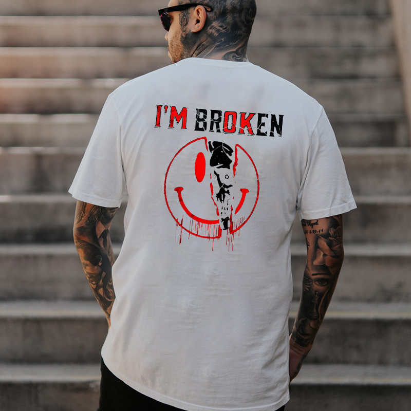 I'M BROKEN Emoji Skull Black Print T-shirt