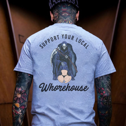 SUPPORT YOUR LOCAL WHOREHOUSE Oral Sex With Skeleton Black Print T-shirt